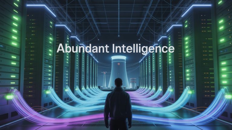 Sam Altman abundant intelligence AI infrastructure blueprint with futuristic data centers and nuclear power symbolizing gigawatt capacity